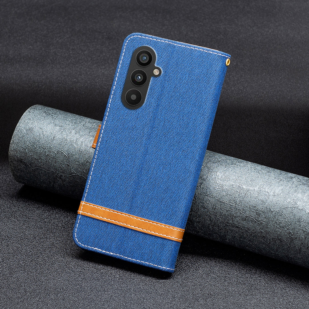 Til Samsung Galaxy A25 5G telefon læderetui jeans stof splejsning telefoncover med pungholder Til Samsung Galaxy A25 5G telefon læderetui jeans stof splejsning telefoncover med pungholder